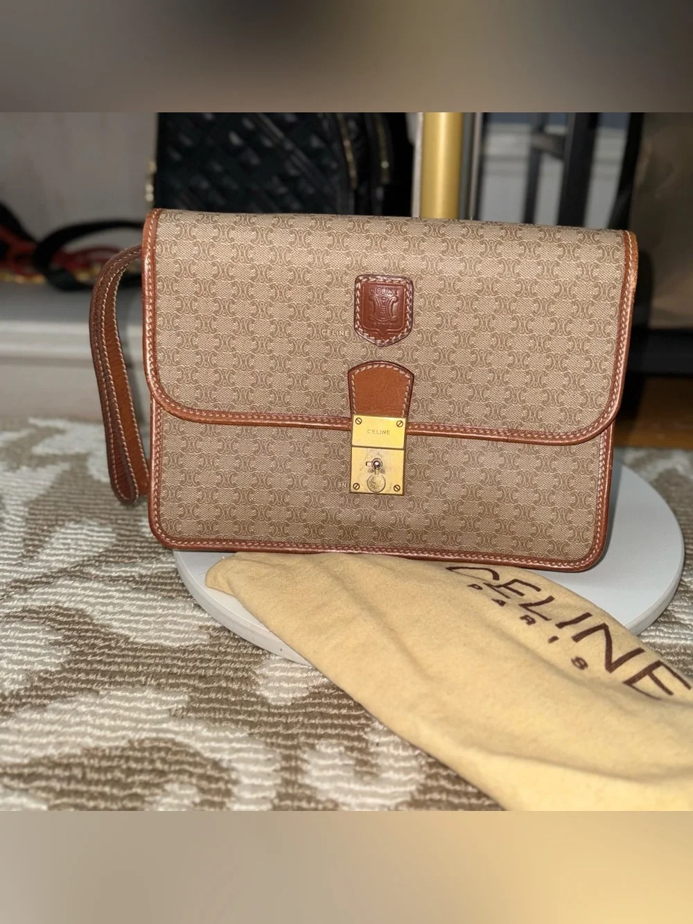Celine Brown Monogram Canvas Clutch Bag with Gold Lock